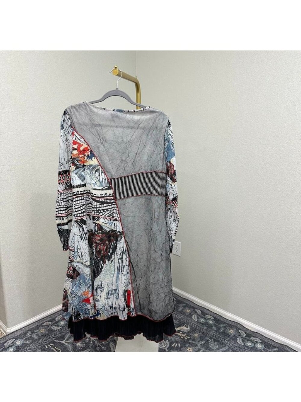 Pretty Angel Patchwork Silk Blend Midi Dress Long Sleeve Scoop Neck Womens Sz XL - Picture 7 of 9